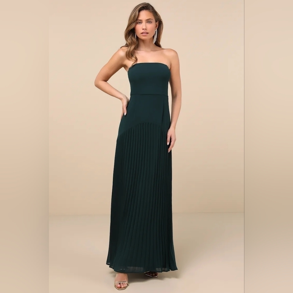Lulus Celebratory Aesthetic Emerald Pleated Strapless Maxi Dress Wedding Party - Picture 2 of 8